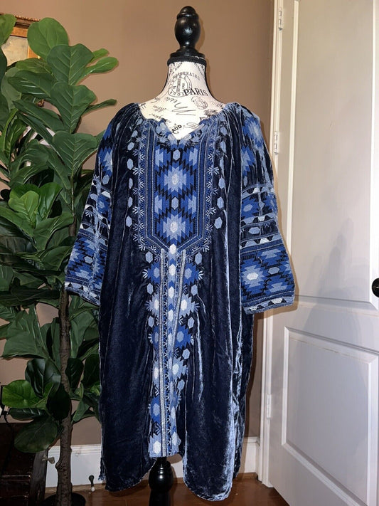 Johnny Was Blue Velvet Heavily Embroidered Tunic Top Mini Dress M Medium