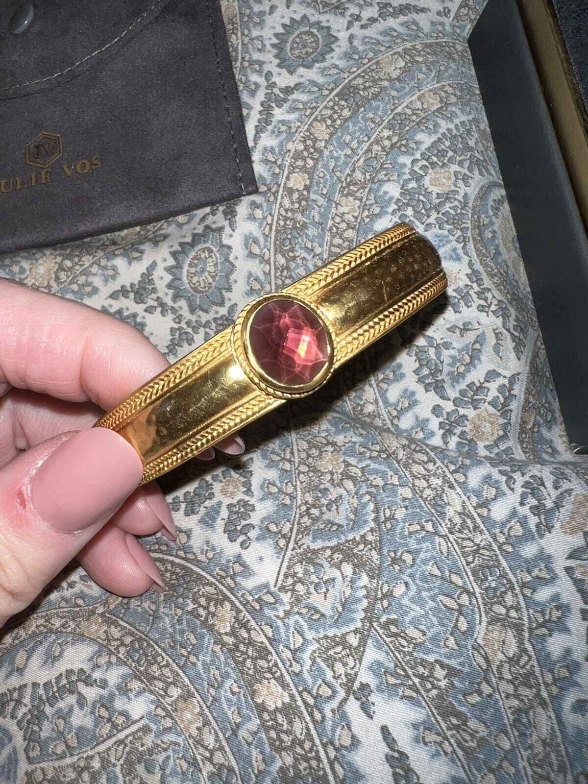 Julie Vos Hinged Bangle Bracelet Wine Colored Glass 24k Gold Plated Classic