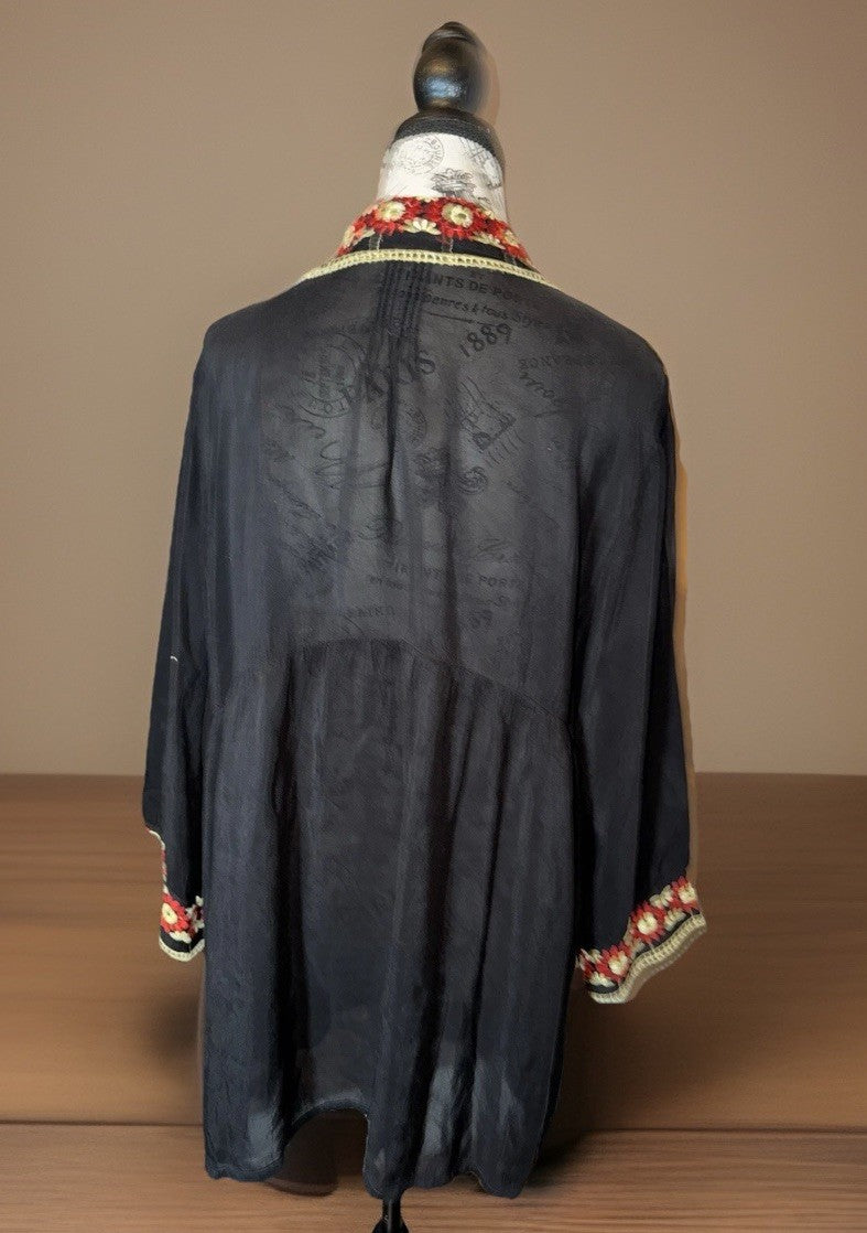Johnny Was XXL Button Up Tunic Top Black Embroidered Floral Shirt Blouse Johnny Was
