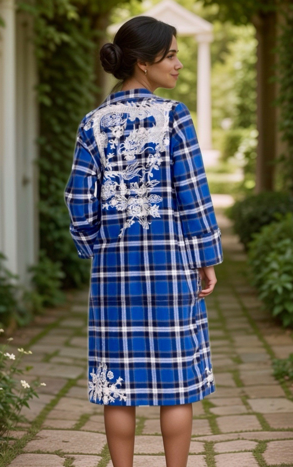 Johnny Was L Large Blue Plaid Trench Coat Jacket MIDI Embroidered Dragon Johnny Was