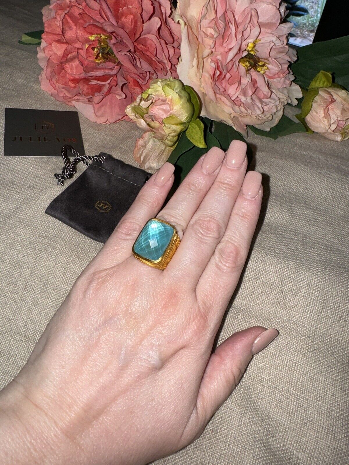 NEW Julie Vos Ring Iridescent Bahamian Blue & 24k Gold Plate Sz 7 ADJUSTABLE NWT