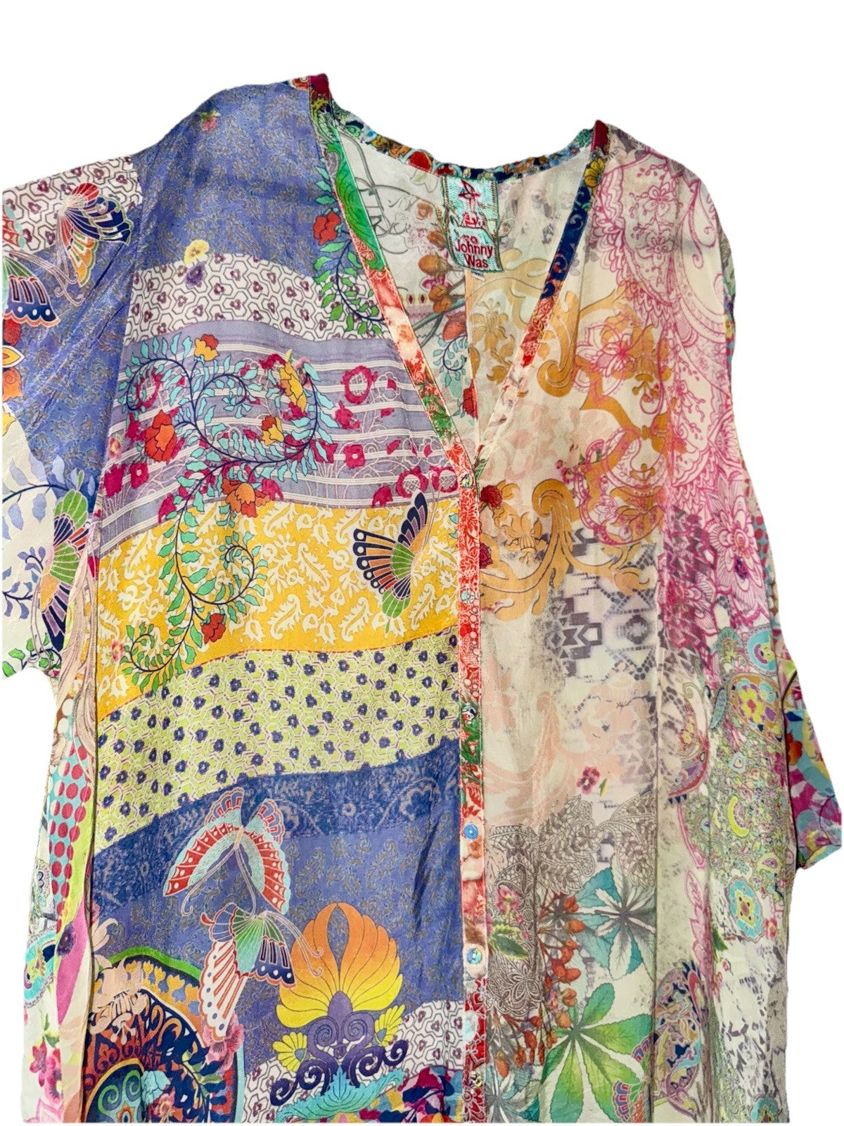 Johnny Was 3X Plus Button Up Shirt Dress Silky Tunic Kimono Patchwork Pattern Johnny Was