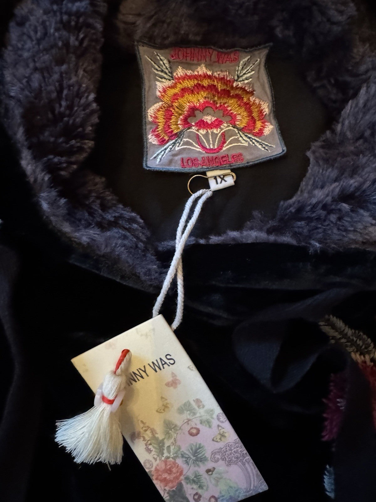 Johnny Was 1X Plus Black Velvet & Fur Hoodie Pullover Top Tunic Embroidered Johnny Was