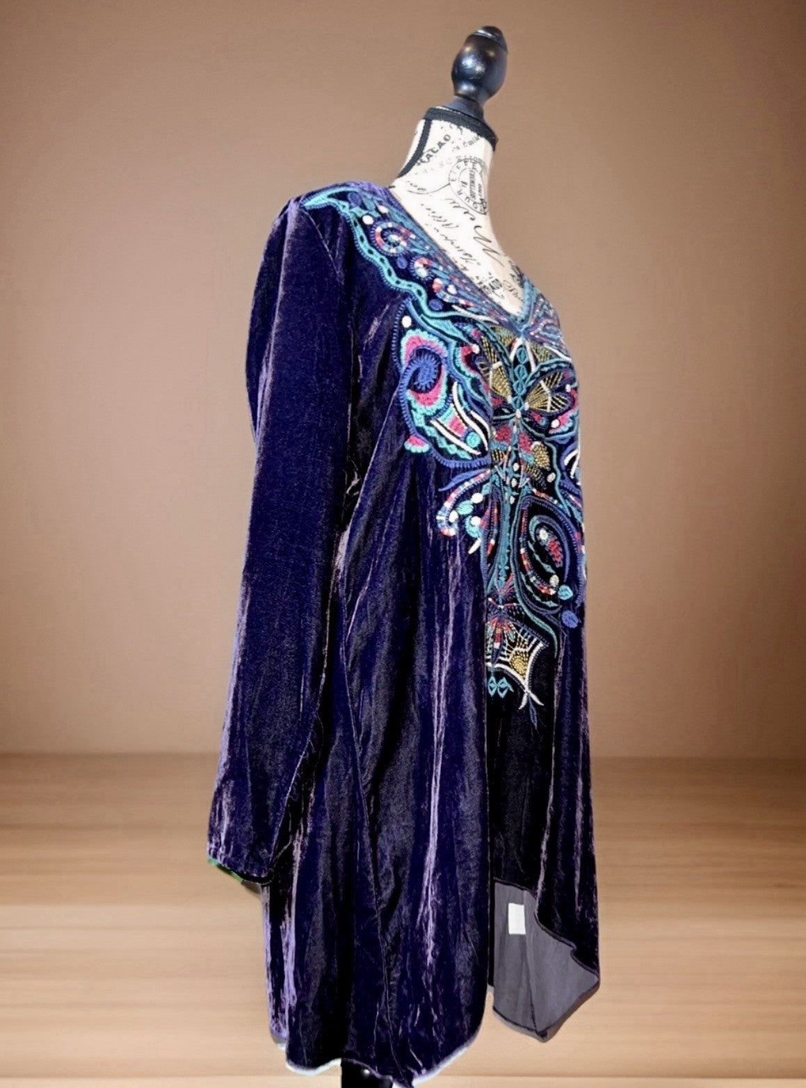 Johnny Was M Deep Purple Velvet Mini Shift Dress Butterfly Embroidered Tunic Top Johnny Was
