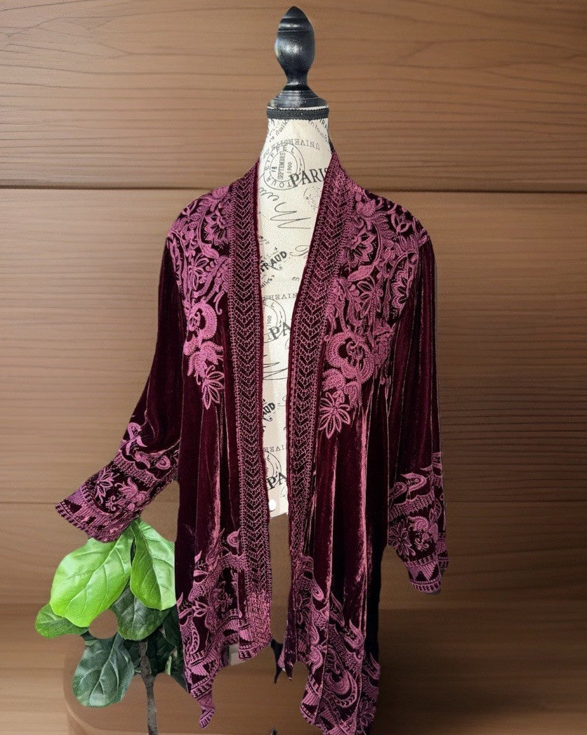 Johnny Was XL Burgundy Wine Velvet Kimono Cardigan Embroidered Top Wrap Duster Johnny Was