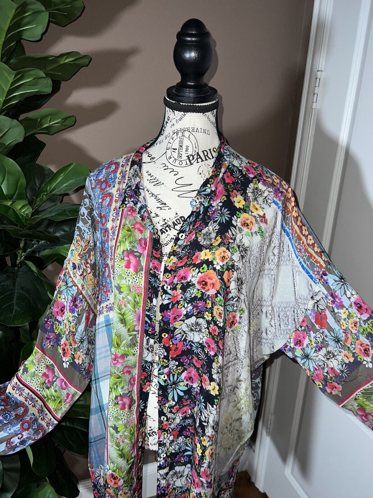 Johnny Was Silky Floral Patchwork Button Up Long Sleeve Tunic Top L  Kimono