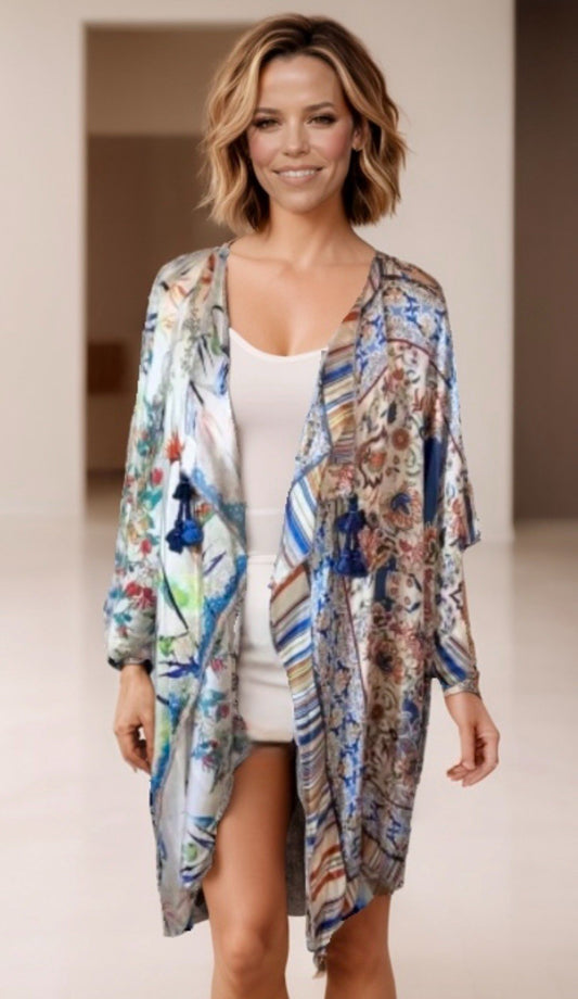 Johnny Was O/S 100% Silk Kimono Wrap Poncho Top STUNNING BACK Tassels Cool BOHO Johnny Was