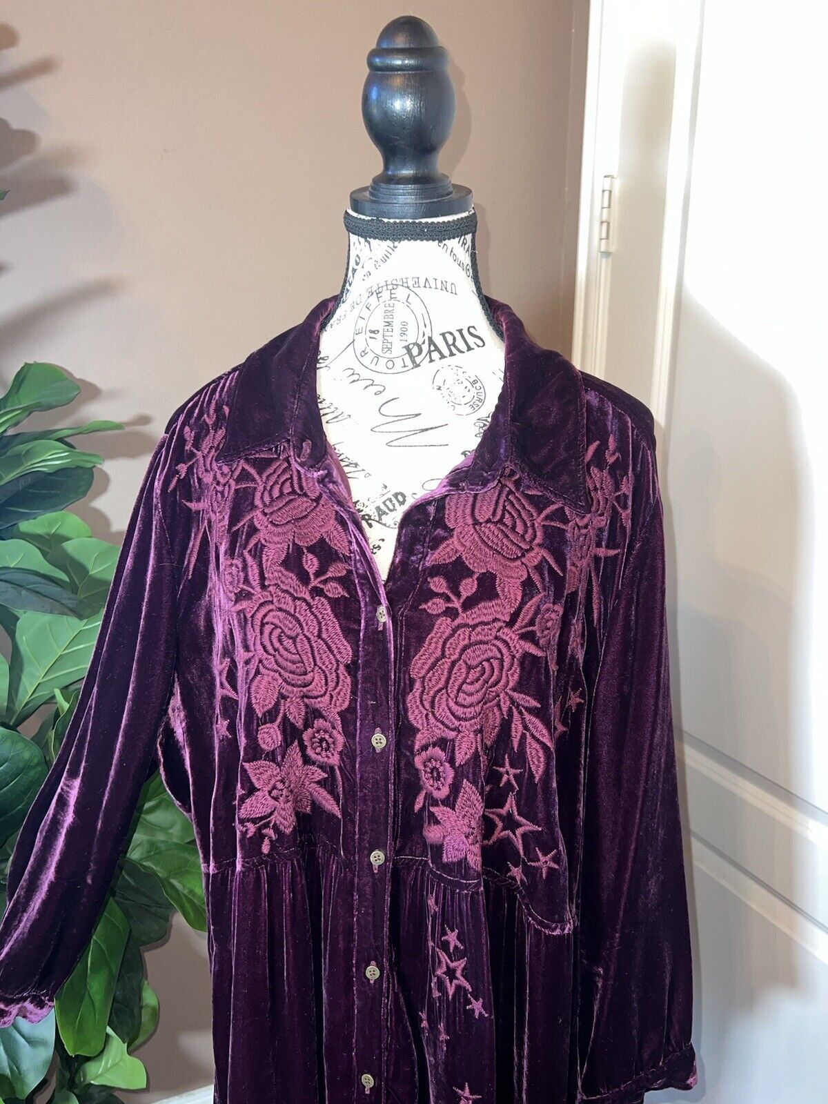 Johnny Was Burgandy Wine Velvet & Embroidered Tunic Top Kimono 1X 1XL XL