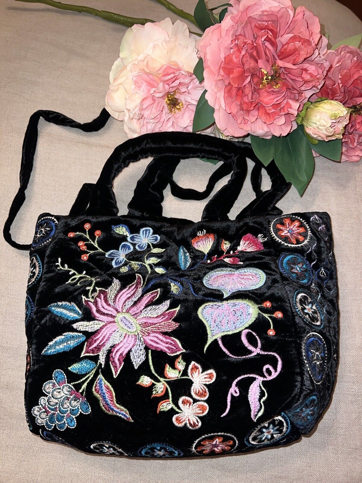 Johnny Was Black Velvet Embroidered Hobo Bag Tote Purse Crossbody Floral