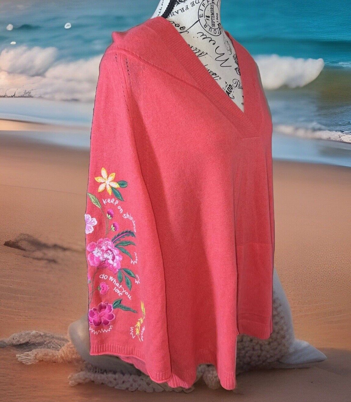 Johnny Was Watermelon Pink Cashmere Blend Pullover Embroidered SOFT XL