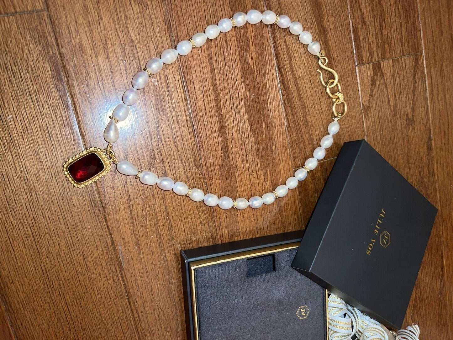 Julie Vos Freshwater Pearl & Ruby Red 24k Gold Plate Statement Necklace WOW!