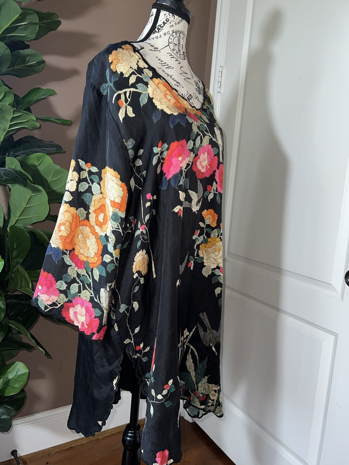 100% Silk Johnny Was Black Tunic Top Or Mini Dress XXL 2X 2XL Birds & Flowers Johnny Was