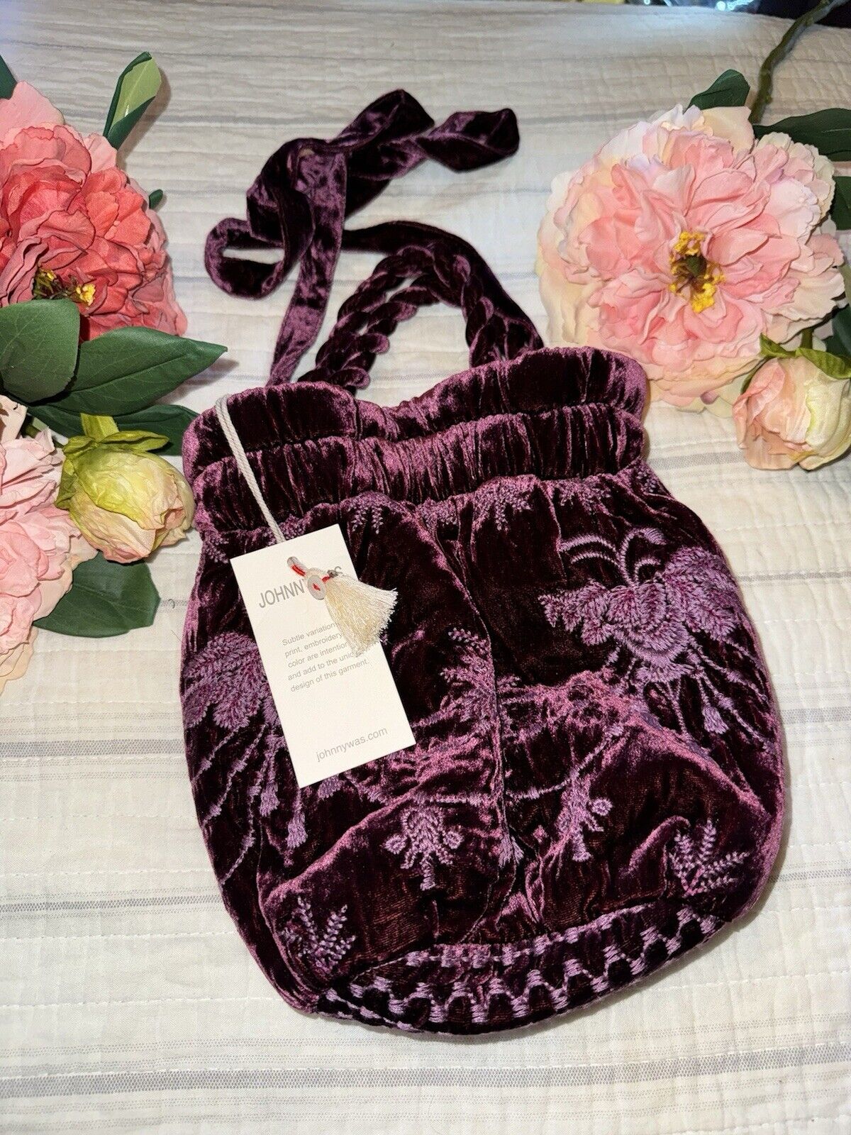 Johnny Was Plum Velvet Embroidered Hobo Bag Tote Purse Purple Crossbody