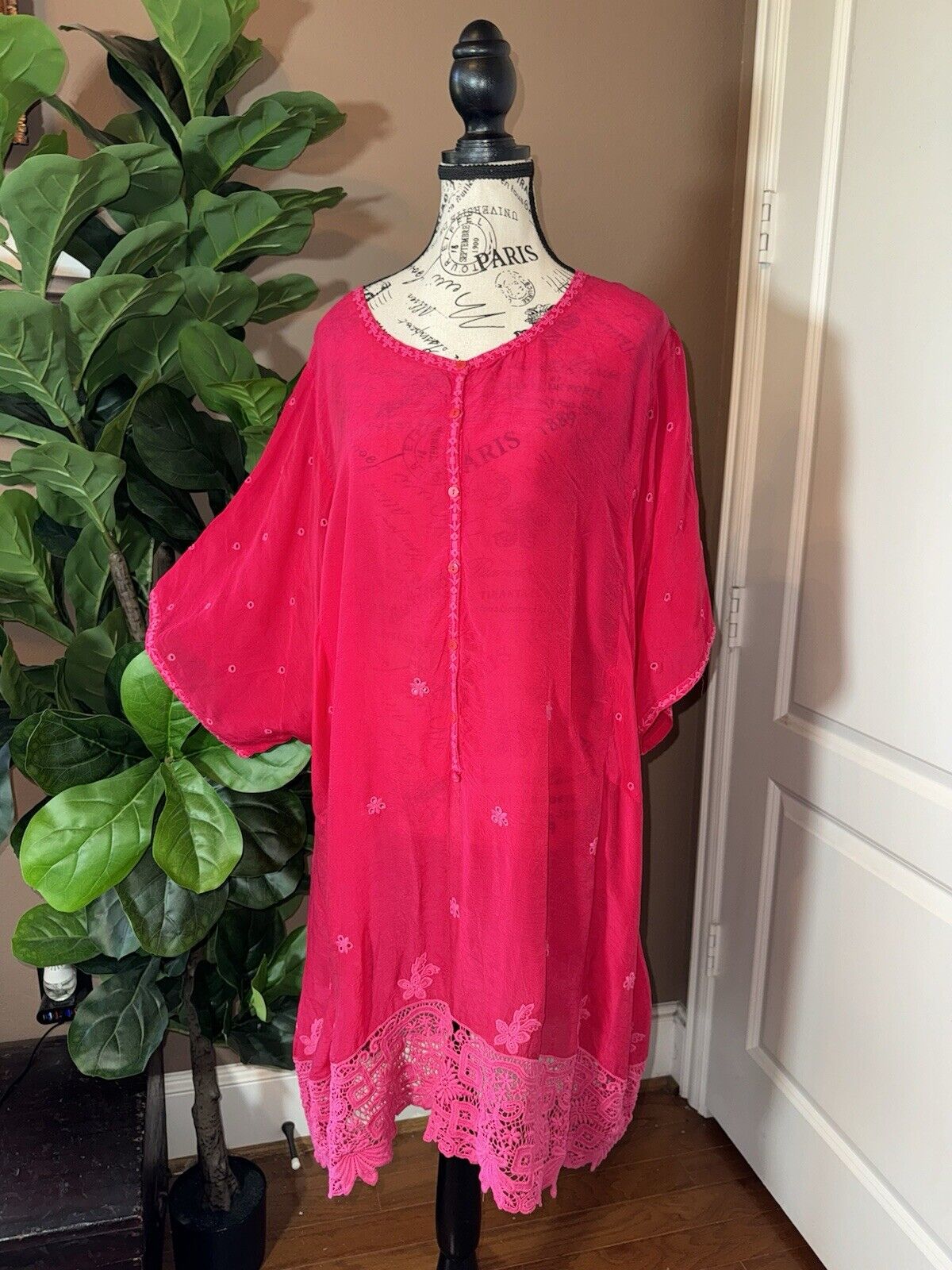 Johnny Was 3X Barbie Pink Tunic Top Mini Dress Eyelet Lace Watermelon Red