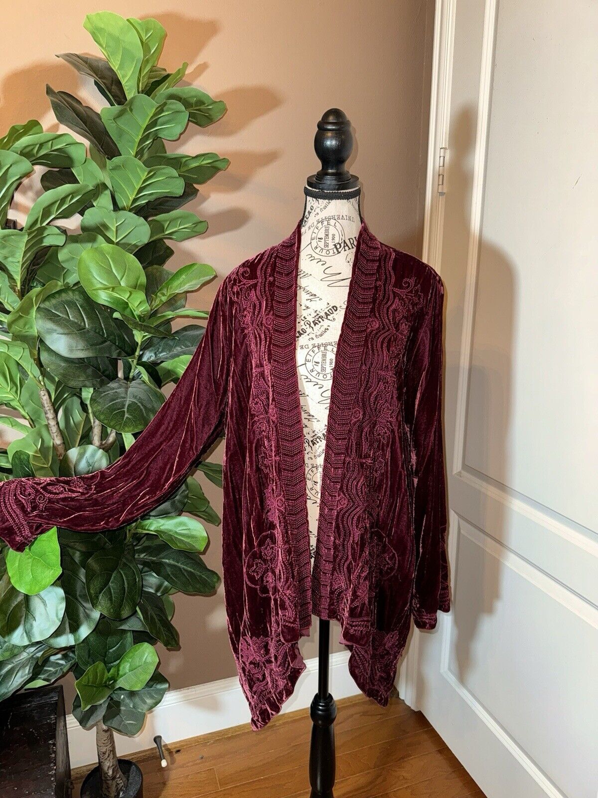 Johnny Was L Deep Wine Red Velvet Kimono Wrap Cardigan Tonal Embroidery