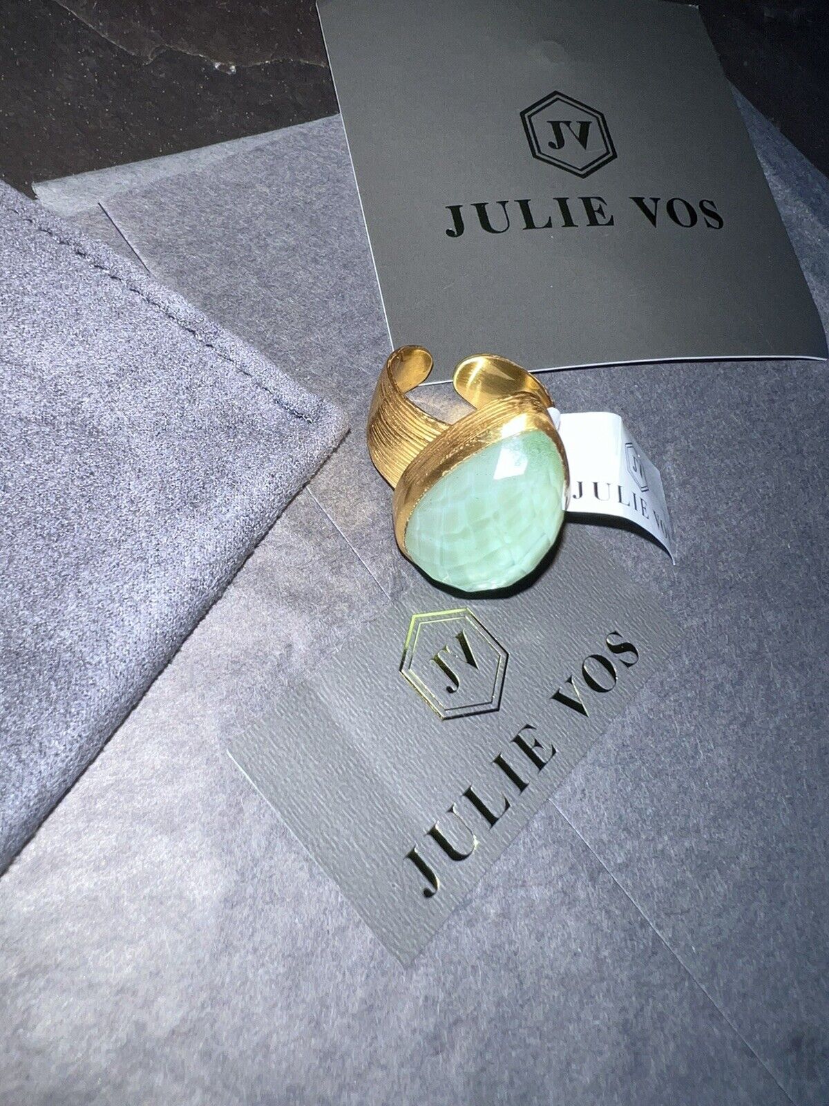 NEW Julie Vos Statement Ring Aspen In Iridescent Light Green Sz 7 ADJUSTABLE NWT