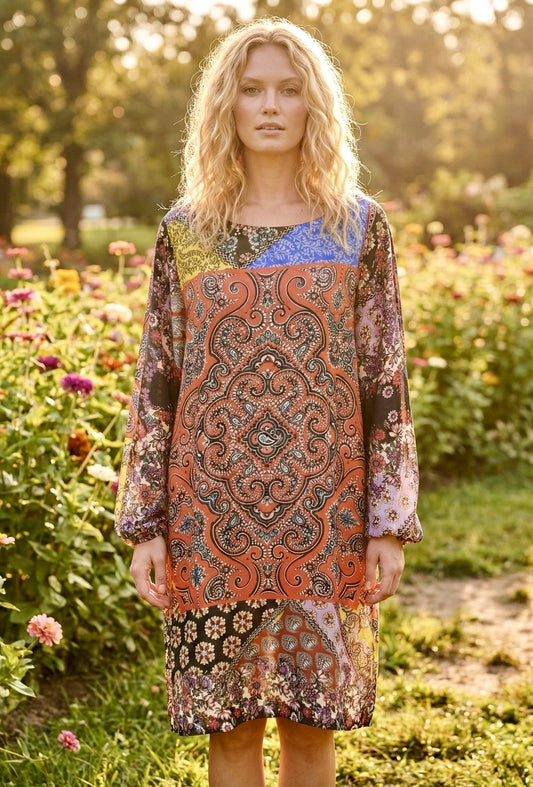 Johnny Was XXL 100% Silk Tunic Top Shift Mini Dress Patchwork Lightweight Johnny Was