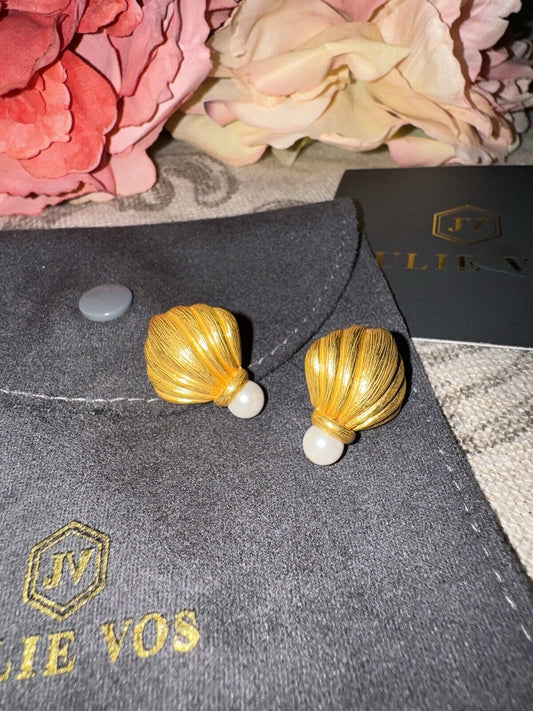 Julie Vos Pearl & 24k Gold Plated Shell Crest Stud Earrings RETIRED