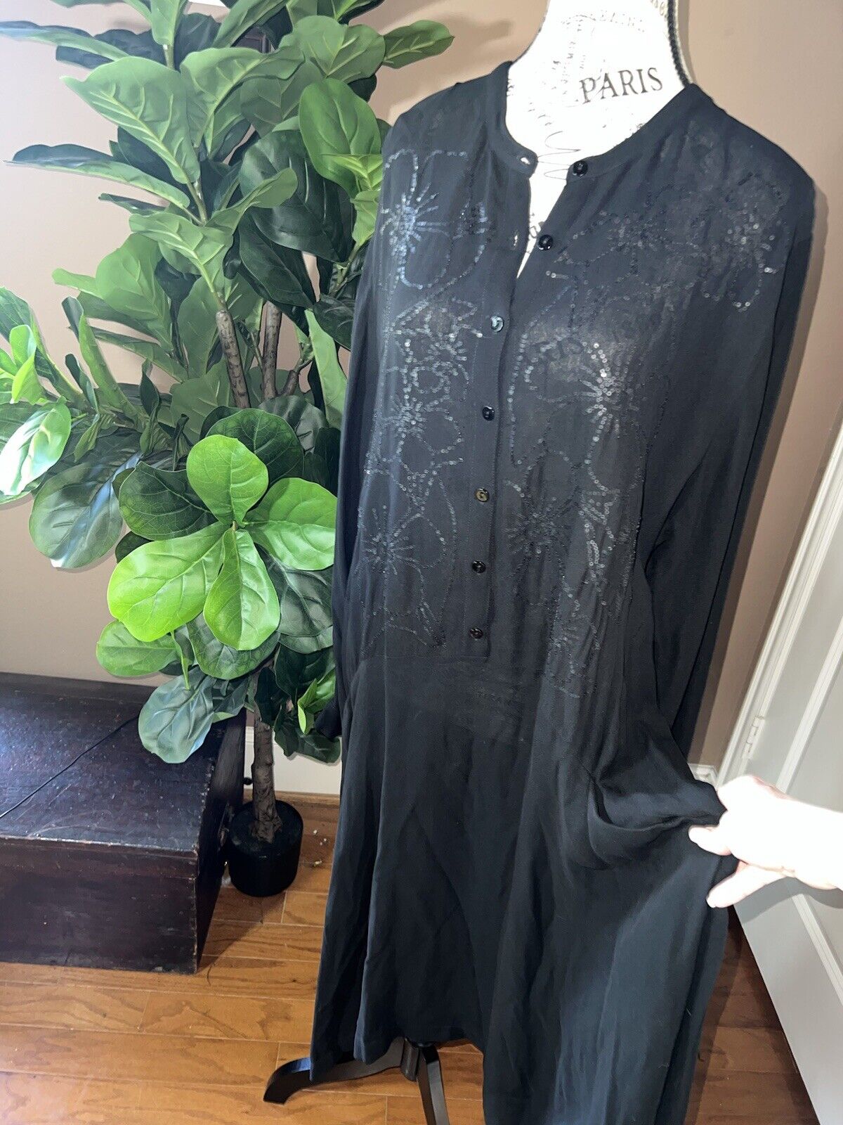 Johnny Was Black L Large Maxi Dress Long Flowy Handkerchief Hem Sequins