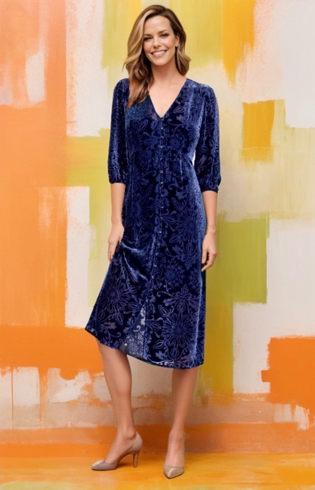 Johnny Was XL Midnight Blue Velvet Burnout Shift MIDI Dress Lightweight Johnny Was