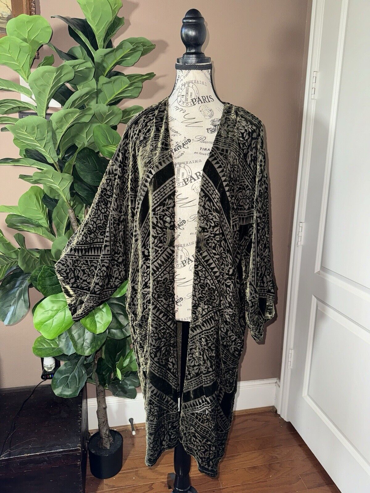 Johnny Was XL Deep Green Burnout Velvet Long Kimono Duster Wrap Jacket