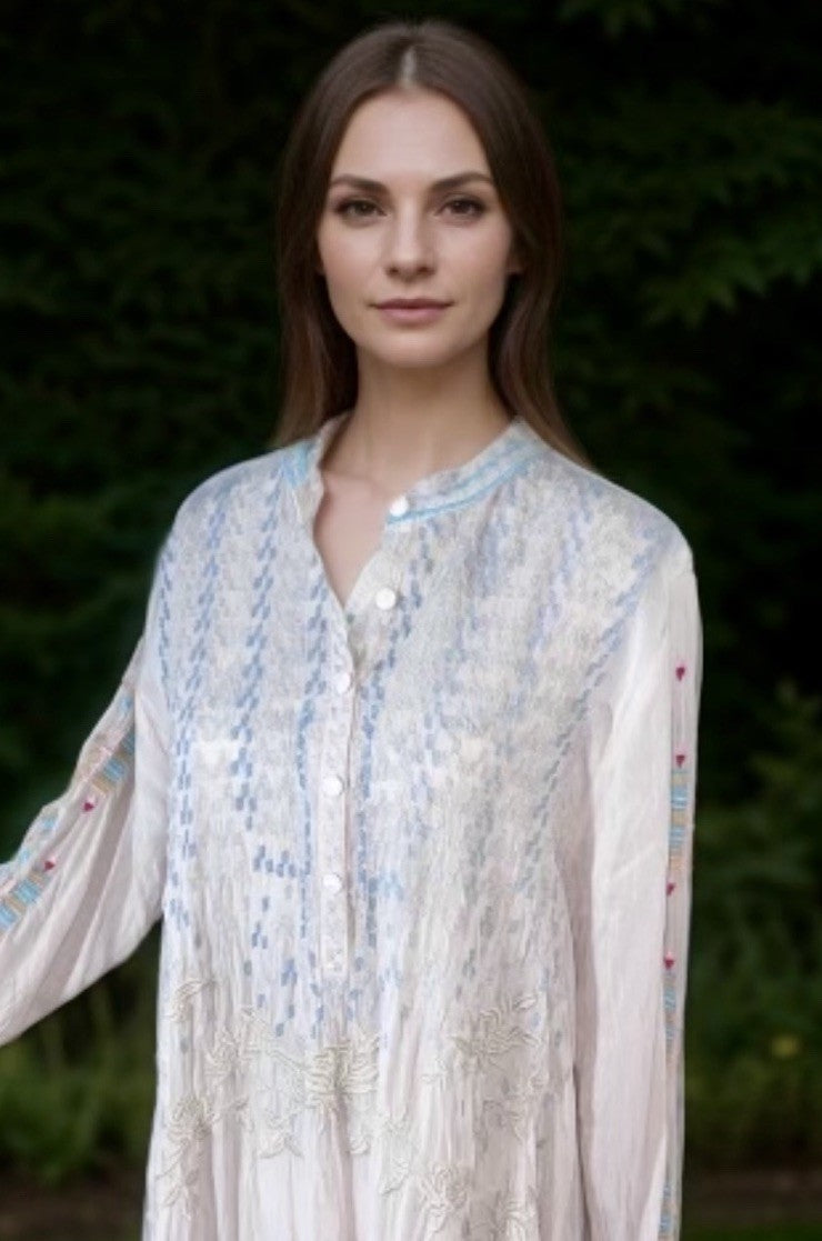 Johnny Was M Pale Pink Tunic Top Embroidered Silky Mini Dress Lightweight Cool Johnny Was