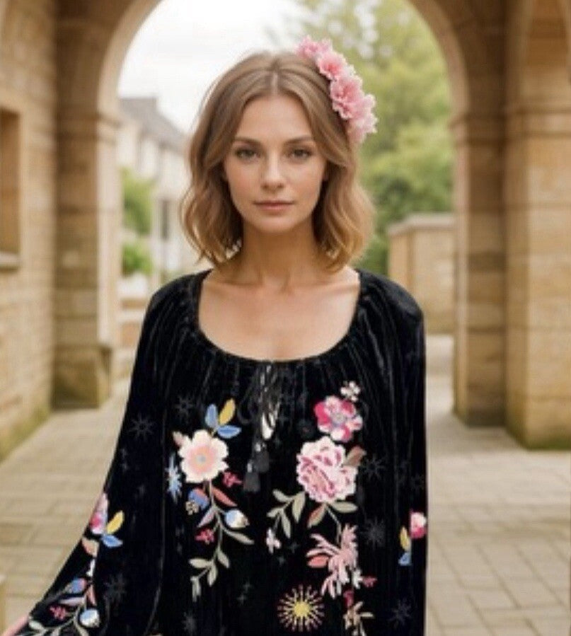 Johnny Was L Black Velvet Peasant Top Tunic Blouse Shirt Embroidered Roses Stars Johnny Was