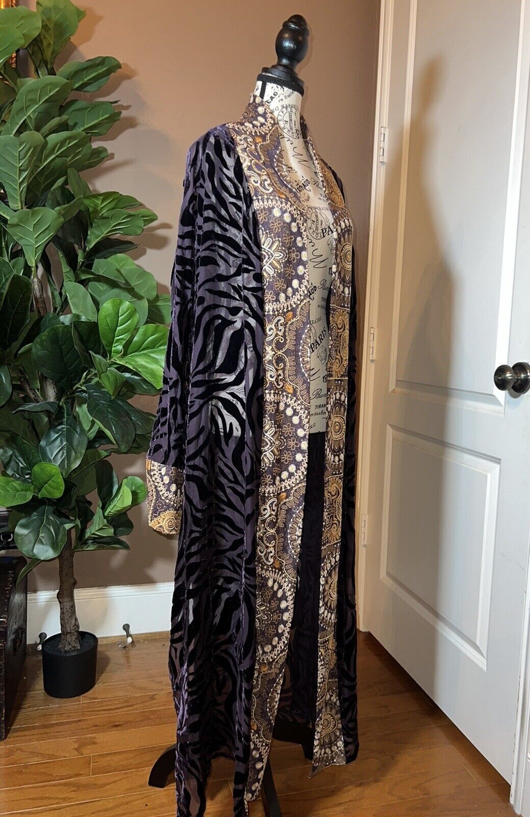 Johnny Was XL Burnout Velvet Long Kimono Duster Wrap Deep Plum Wine Zebra & Gold