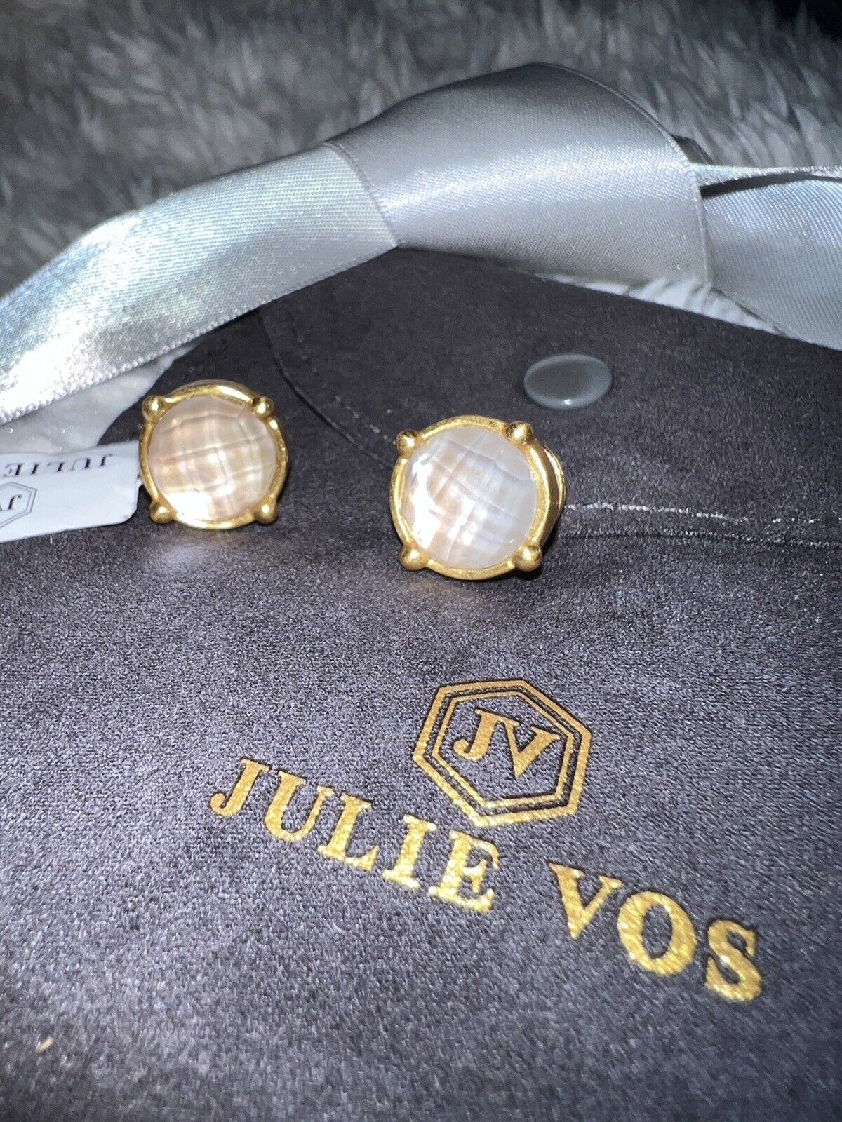 NEW Julie Vos Stud Earrings White/Clear Iridescent Stones & 24k Gold Plate NWT