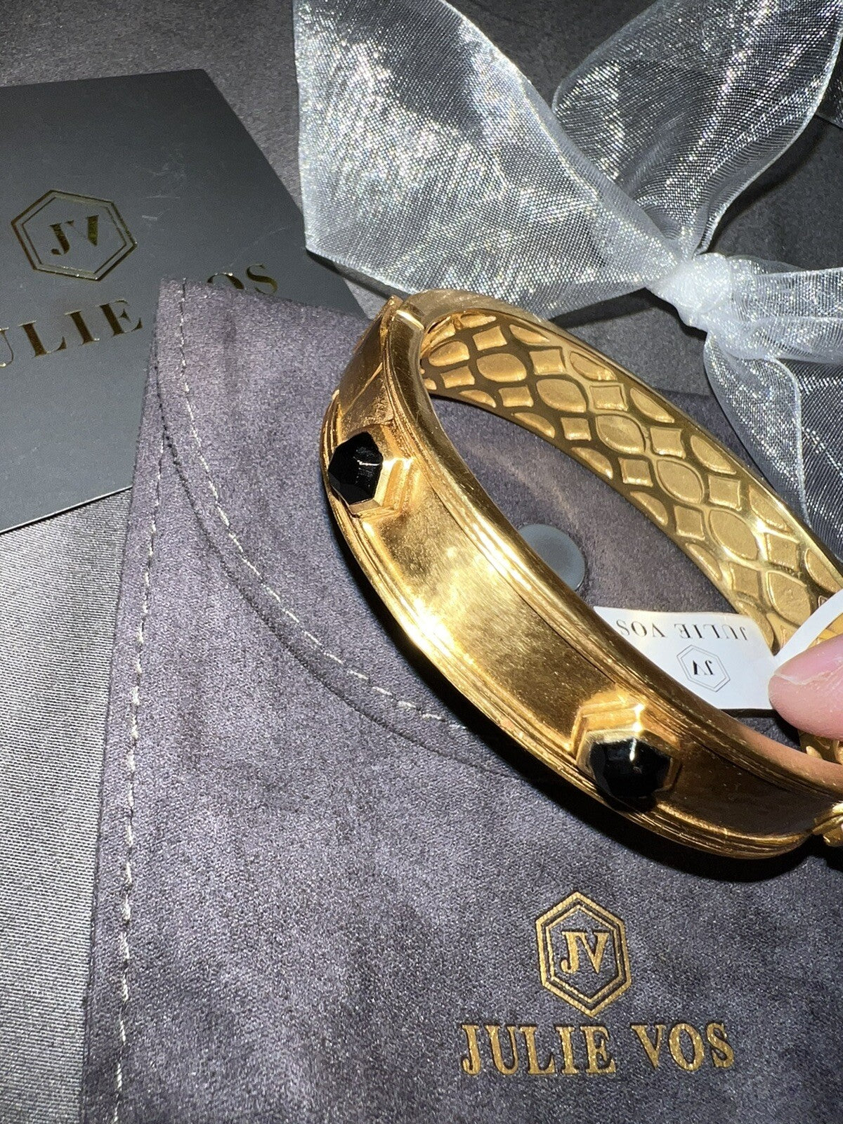 Julie Vos Obsidian Hinged Bangle Bracelet Hexagonal Stones And 24k Gold Julie Vos