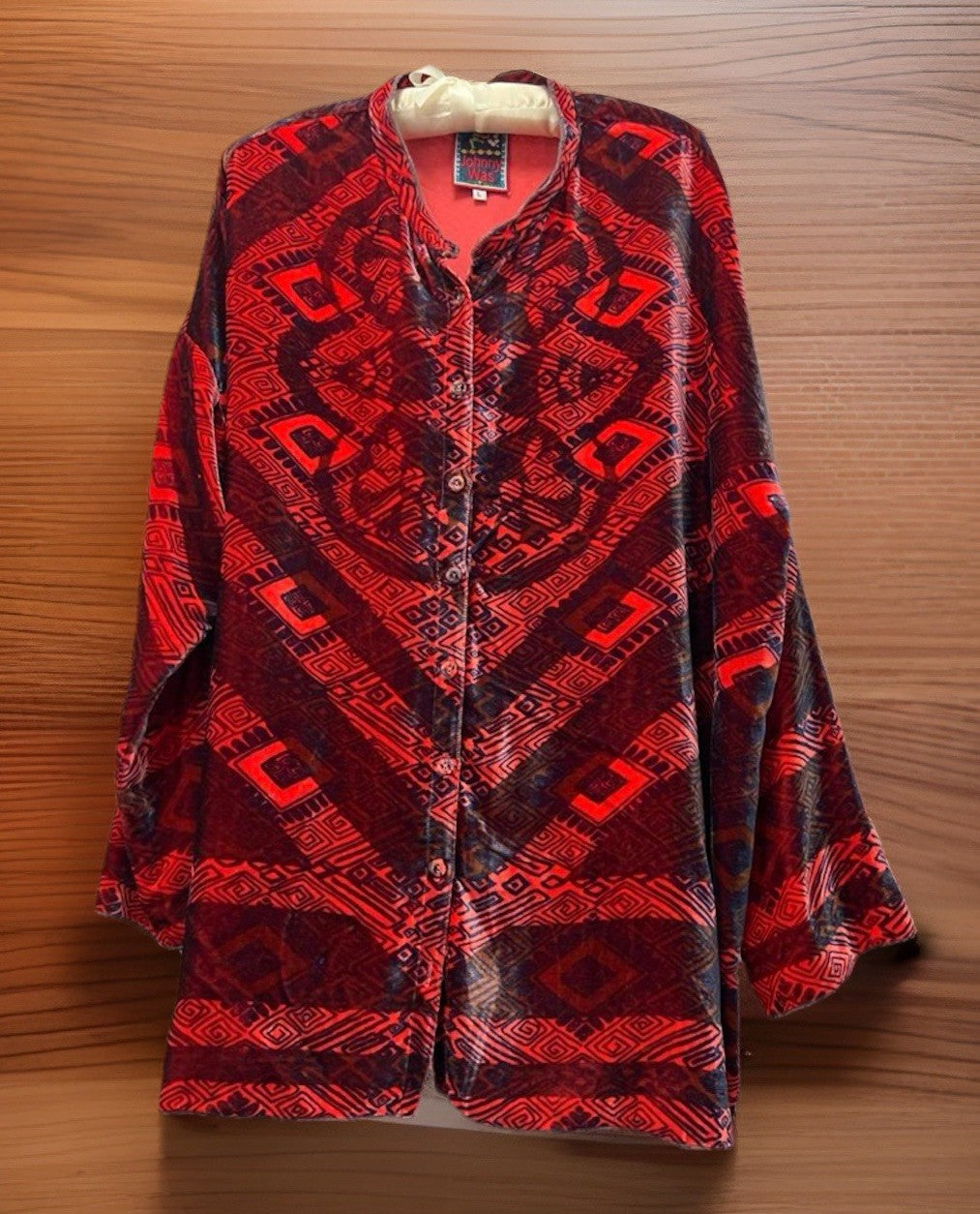 Johnny Was L Large Red & Black Velvet Button Up Shirt Blouse Top Long Sleeve Geo Johnny Was