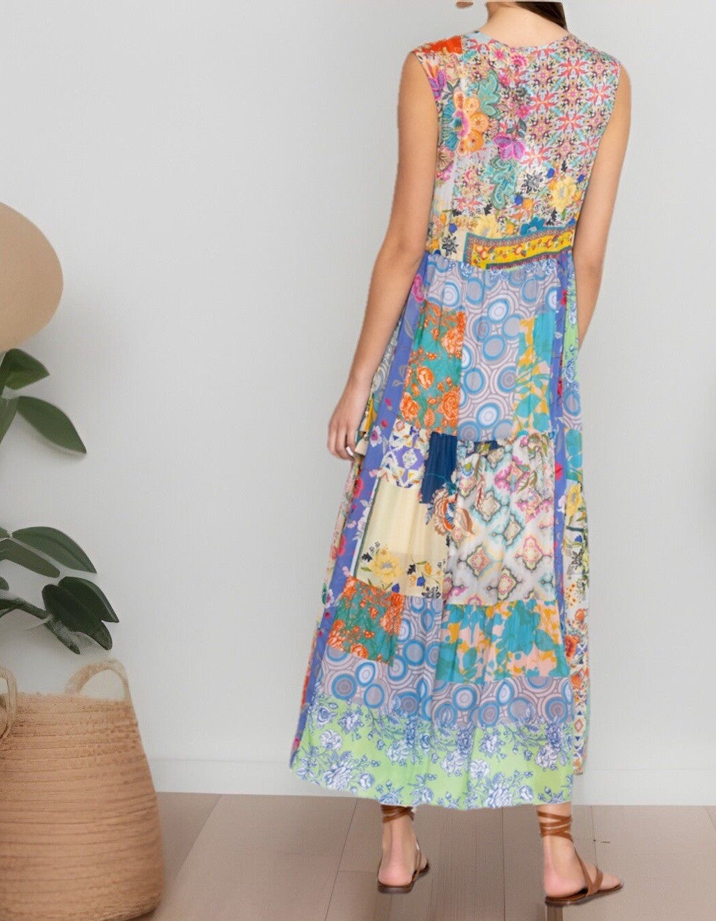 Johnny Was 1XL 1X Maxi Dress Sleeveless Patchwork Floral Pattern Tassel BOHO Johnny Was