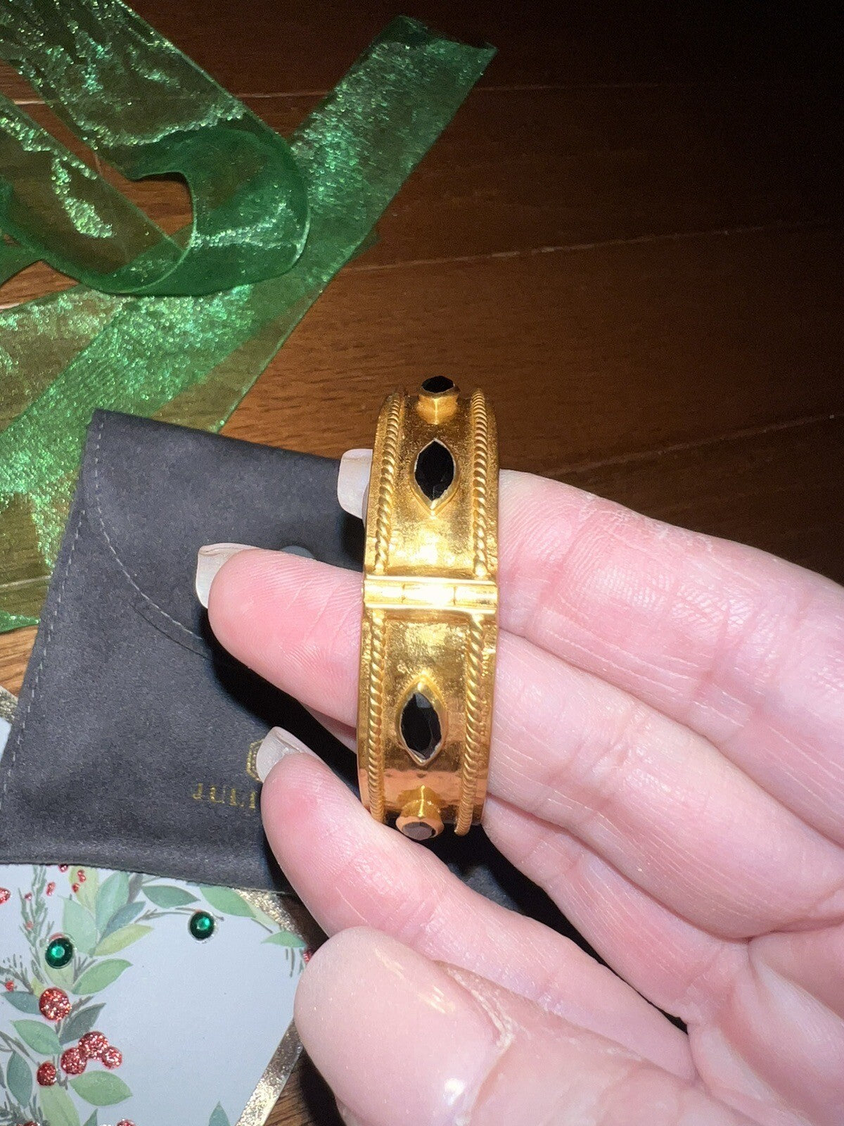 Julie Vos Hinged Cuff Bangle Bracelet Obsidian 24k Gold Plate Julie Vos