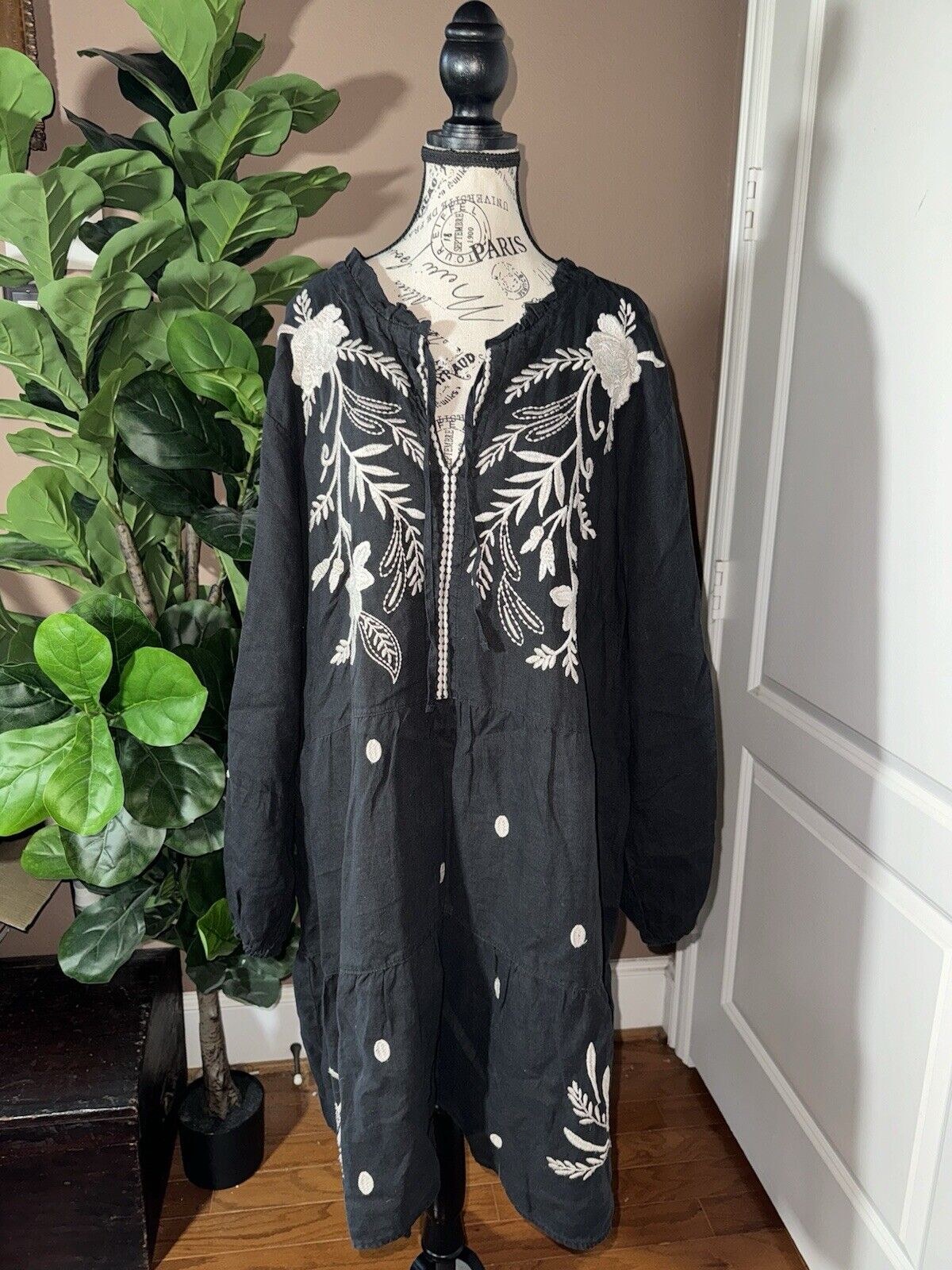 Johnny Was 3X 3XL Black Embroidered Mini Dress Baby Doll Top Birds & Flowers