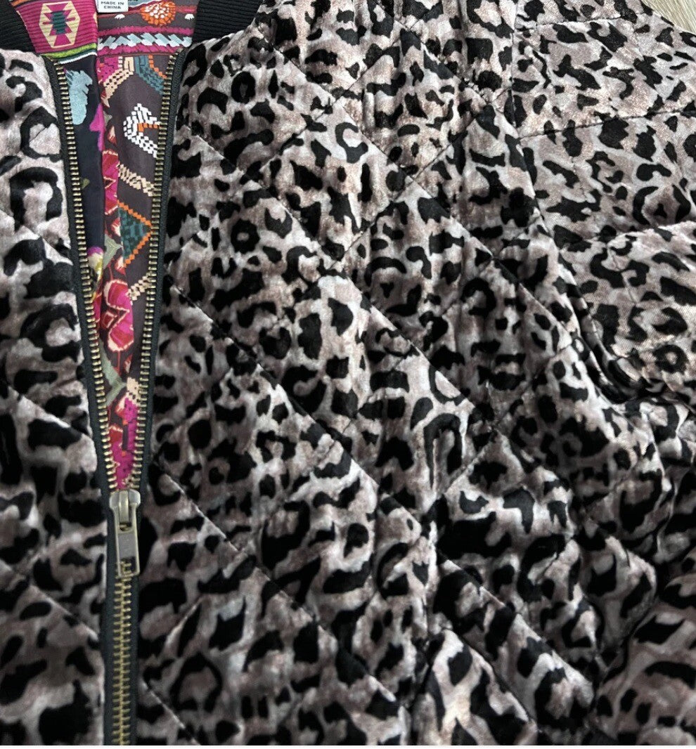 Johnny Was M Velvet Leopard Print Bomber Jacket Coat 100% Silk Lining Animal Johnny Was