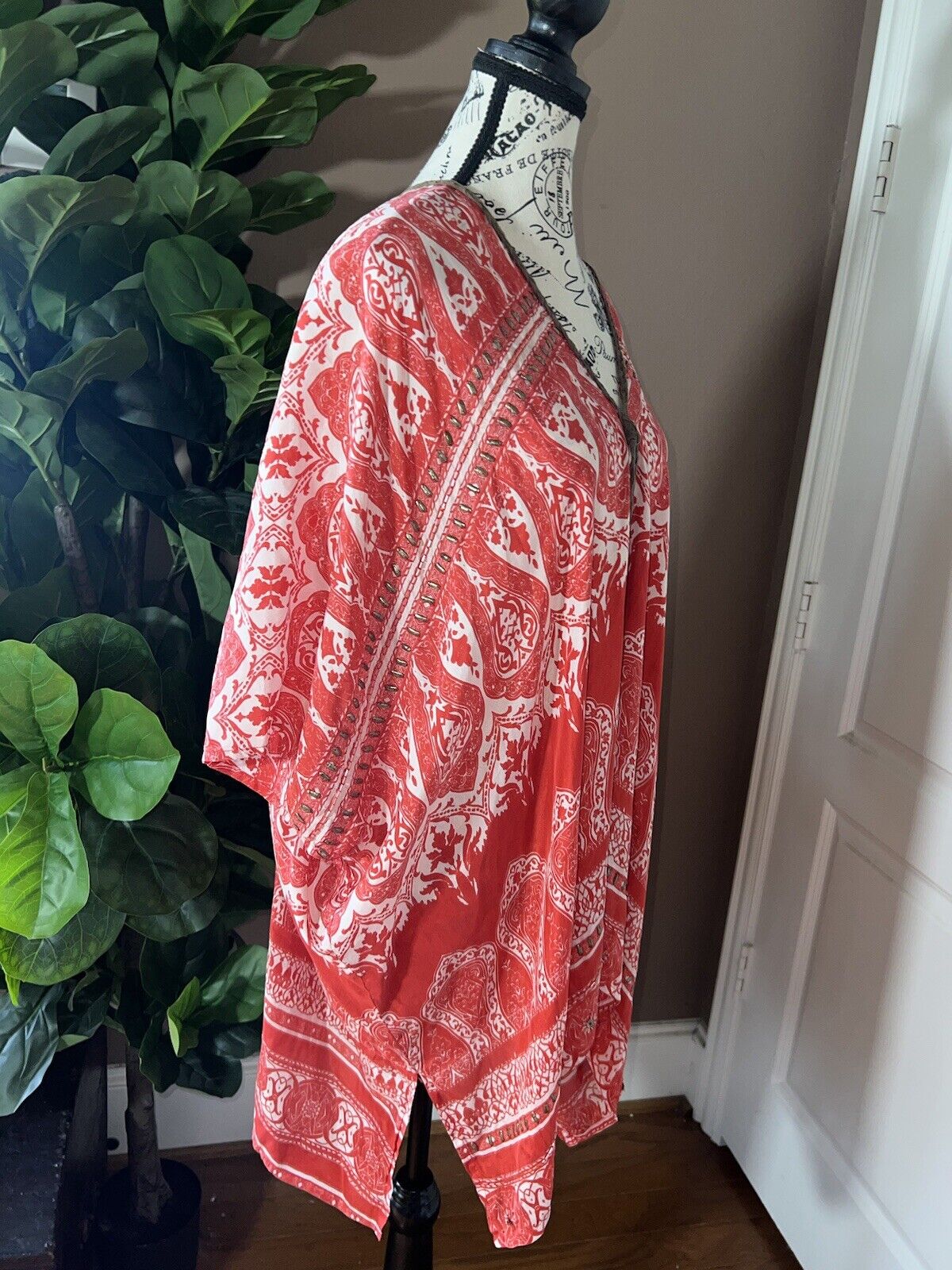 Johnny Was Red O/S 100% Silk Kimono Top Cover Up Leather Tassels & Sequins