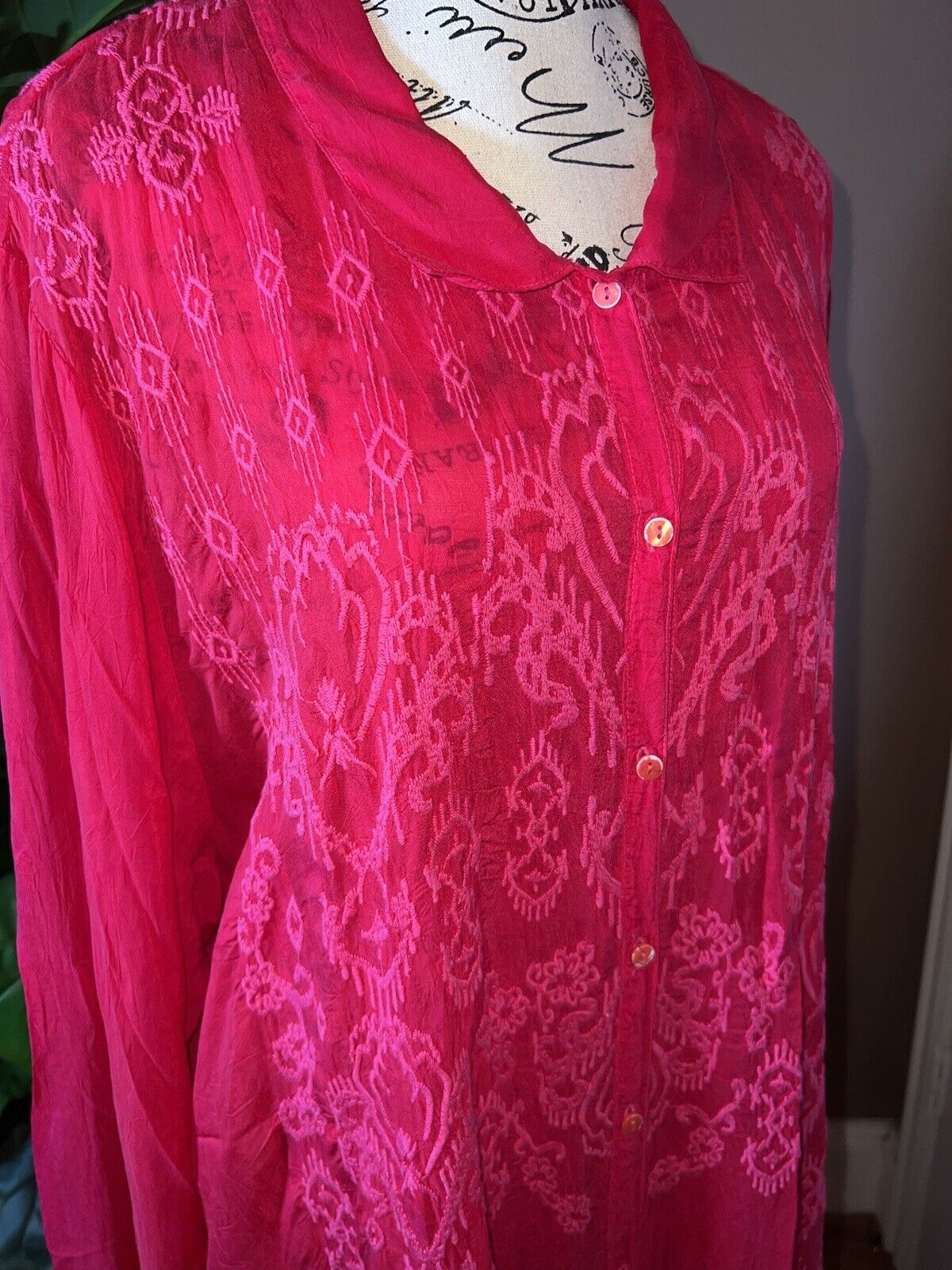 Johnny Was Beautiful Embroidered Tunic Barbie Pink Button Up Top Sz 1X 1XL XL