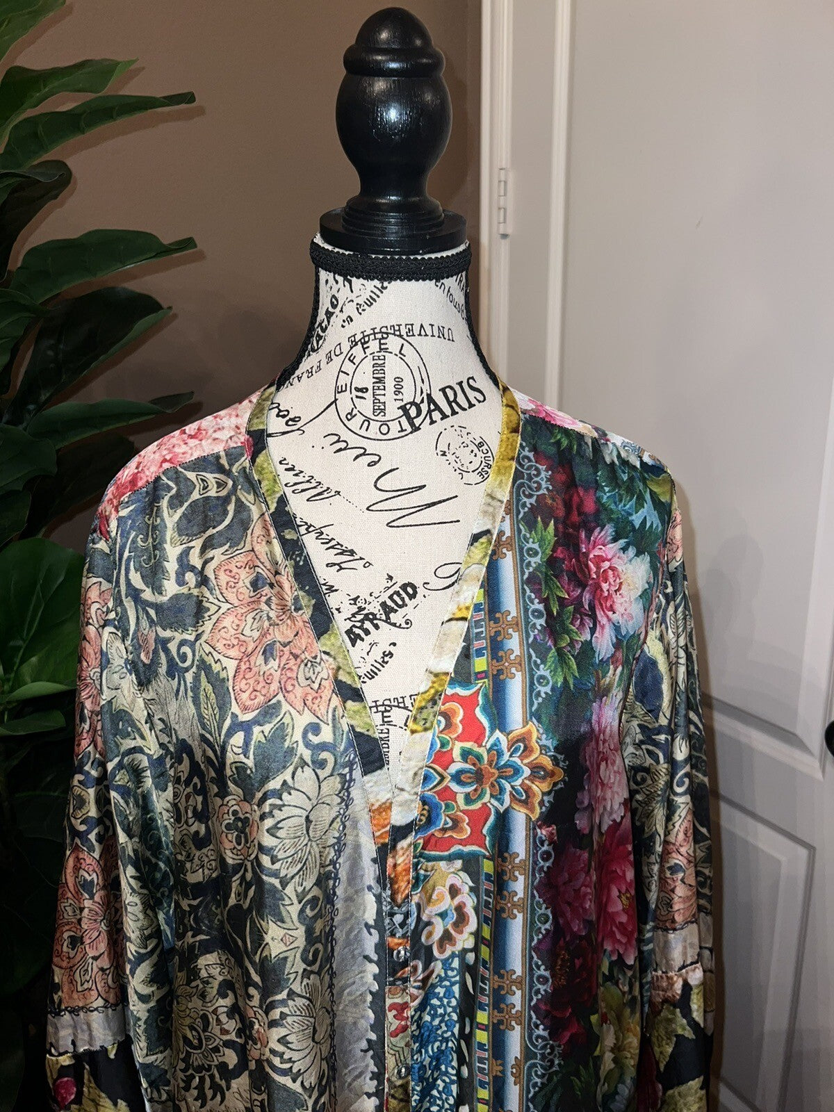 Johnny Was Large 100% Silk Kimono Cherry Blossoms STUNNING BACK Button Up Blouse Johnny Was
