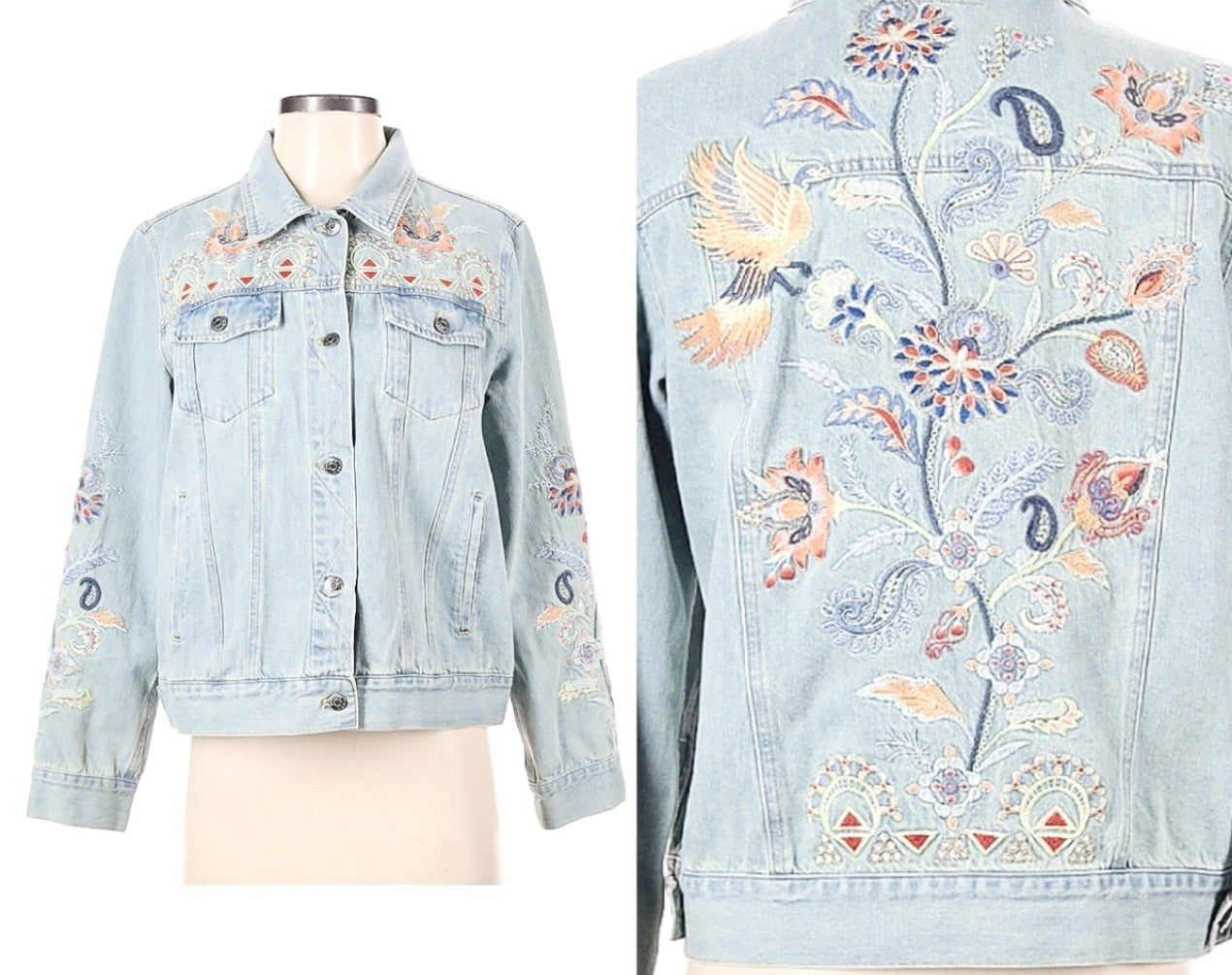 Johnny Was XL Denim Jacket Worker Coat Embroidered Phoenix Bird Light Wash Johnny Was