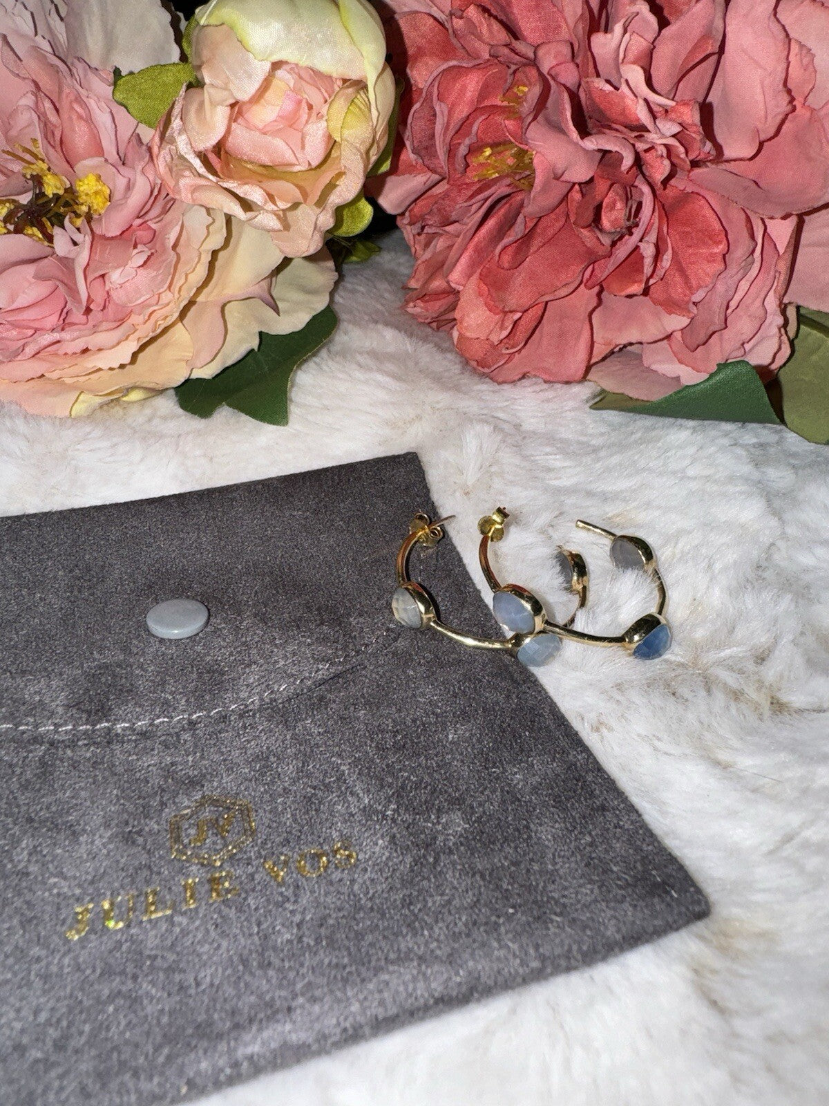 Julie Vos Blue & 24k Gold Plated Hoop & Stone Earrings 1.25” RETIRED VINTAGE Julie Vos