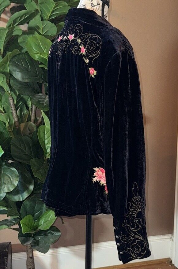 Johnny Was XL Black Velvet Jacket Coat Blazer Silk Lined Embroidered Kimono