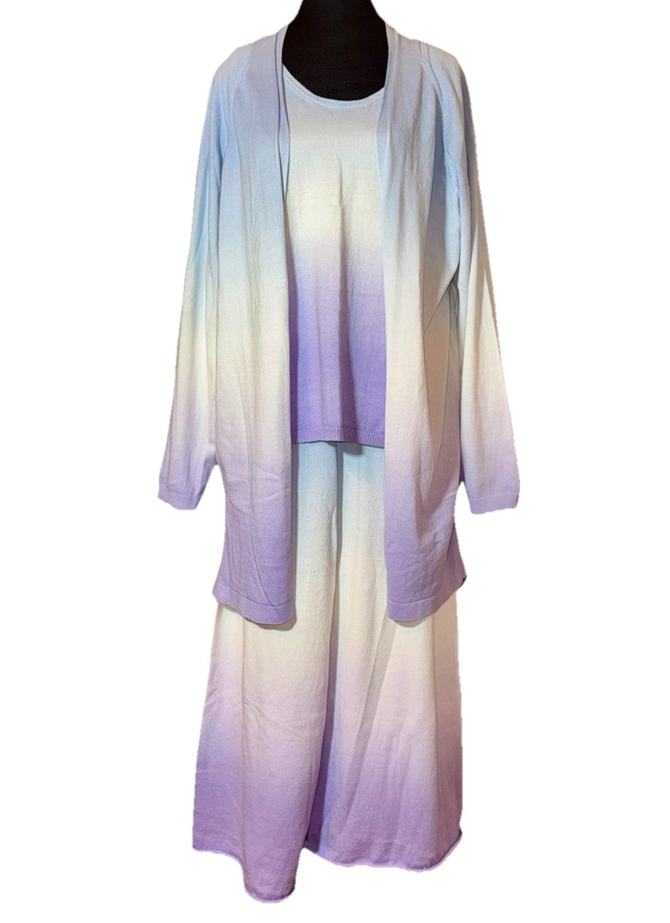Johnny Was 3pc Set L Large Purple Whit Blue Dip Dye Kimono Tank & Wide Leg Pants Johnny Was