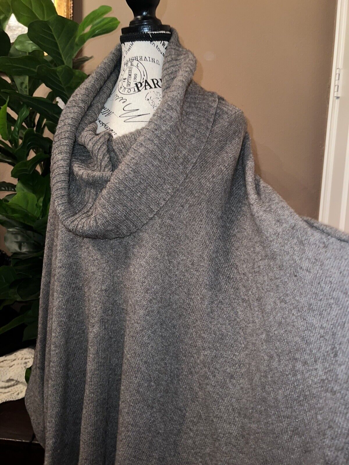 Eileen Fisher L Charcoal Grey Merino Wool Cowl Neck Poncho Pullover Sweater