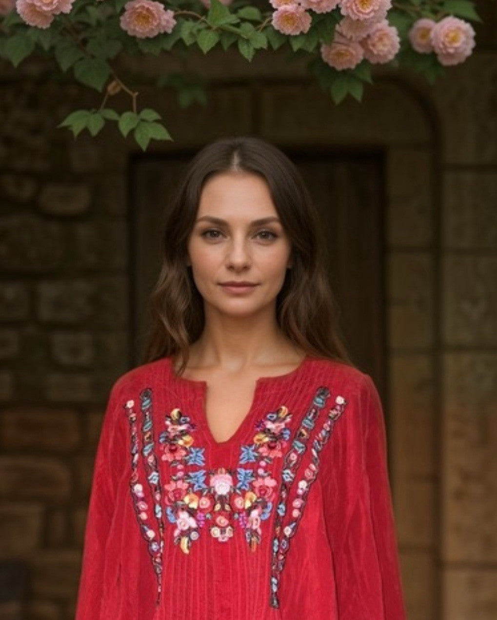 Johnny Was 1X Peasant Top Blouse Red Silky Lightweight Cool Embroidered Tunic Johnny Was