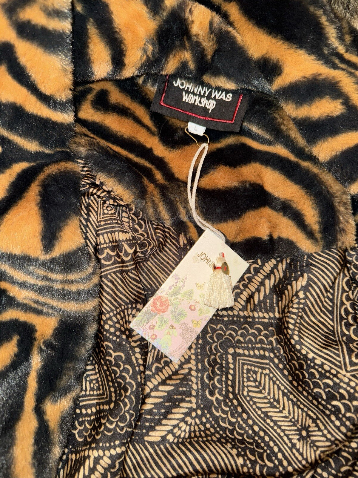 Johnny Was L Large Faux Fur & Silk Tiger Stripe Long Length Coat Jacket Wrap Johnny Was