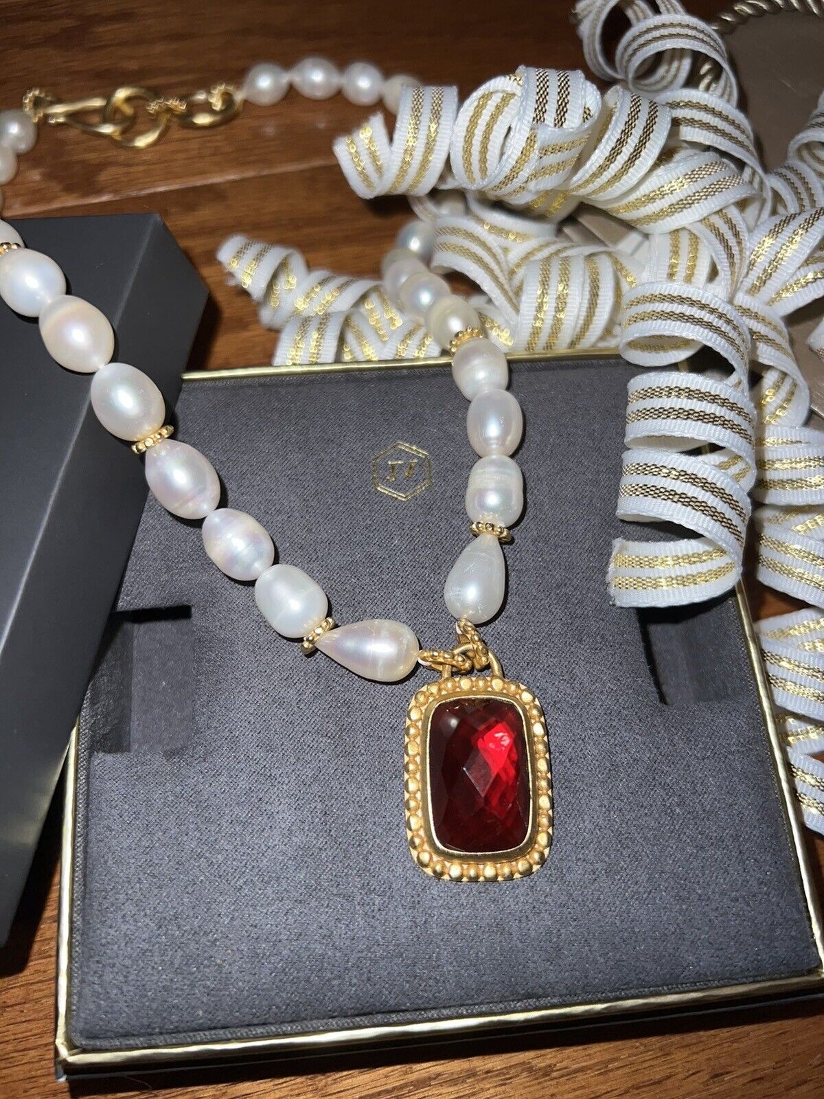 Julie Vos Freshwater Pearl & Ruby Red 24k Gold Plate Statement Necklace WOW!