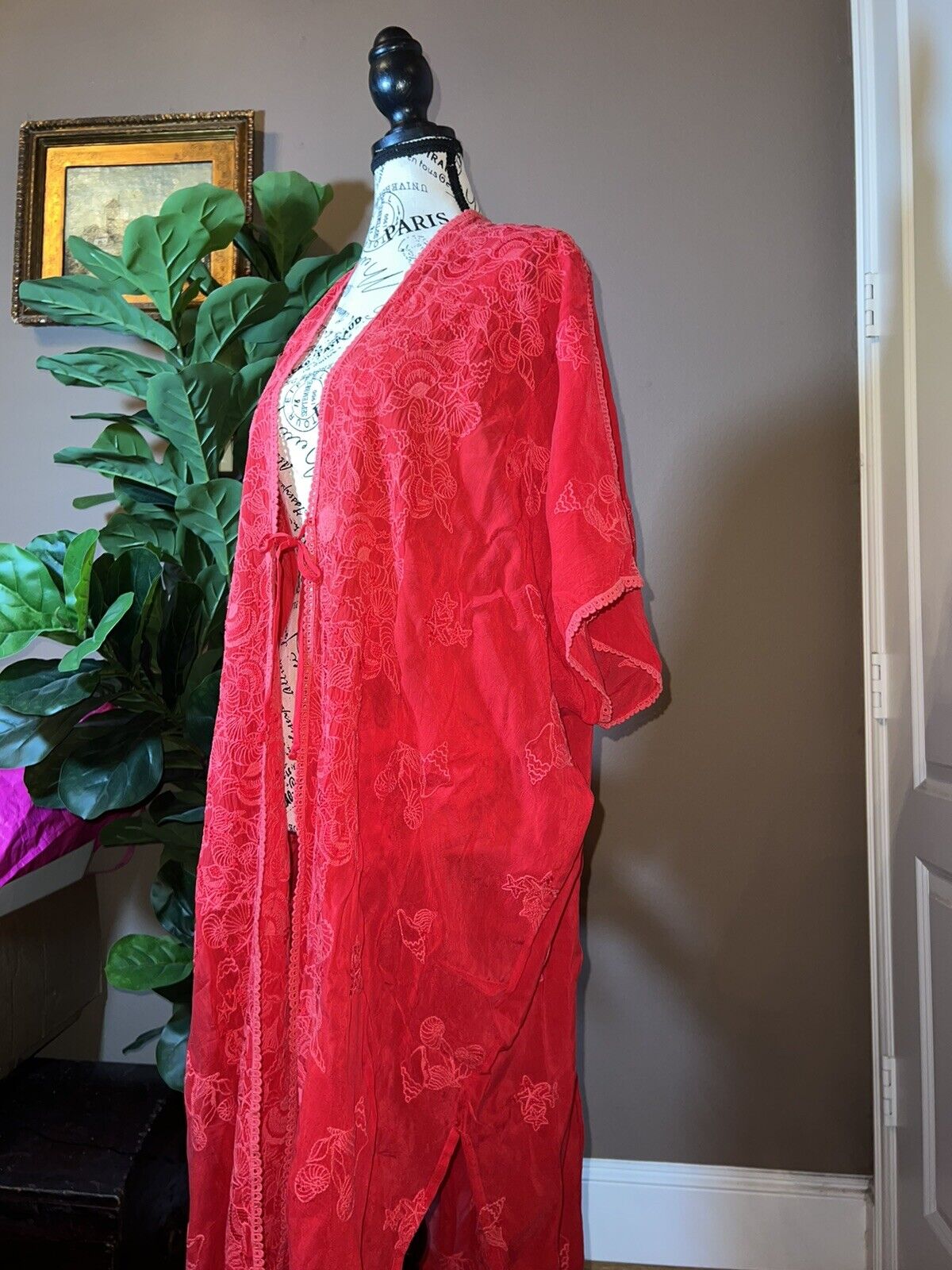 Johnny Was O/S Silky Embroidered Kimono Wrap Dress Cover Up Red Raspberry