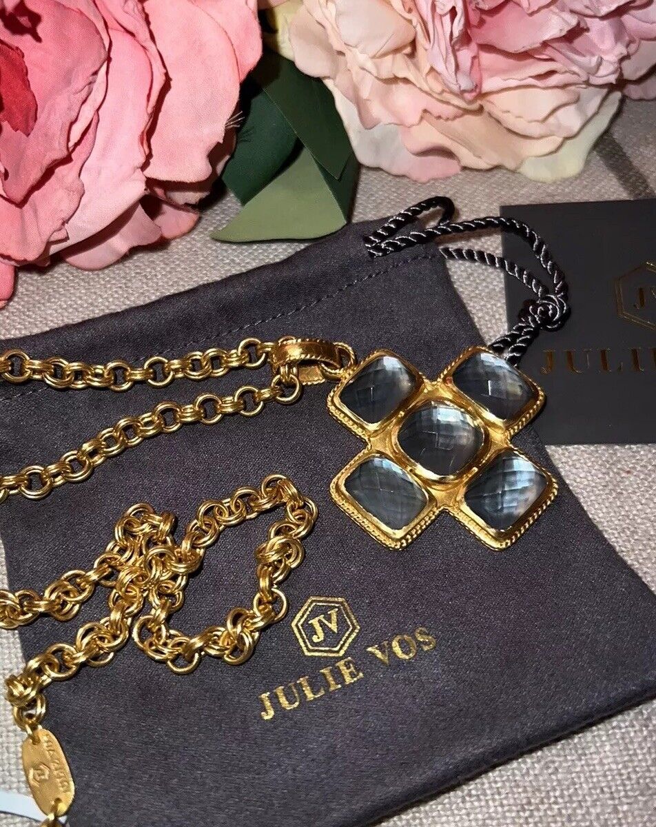 NEW Julie Vos Charcoal Blue & 24k Gold Plate Cross Statement Necklace & Pendant