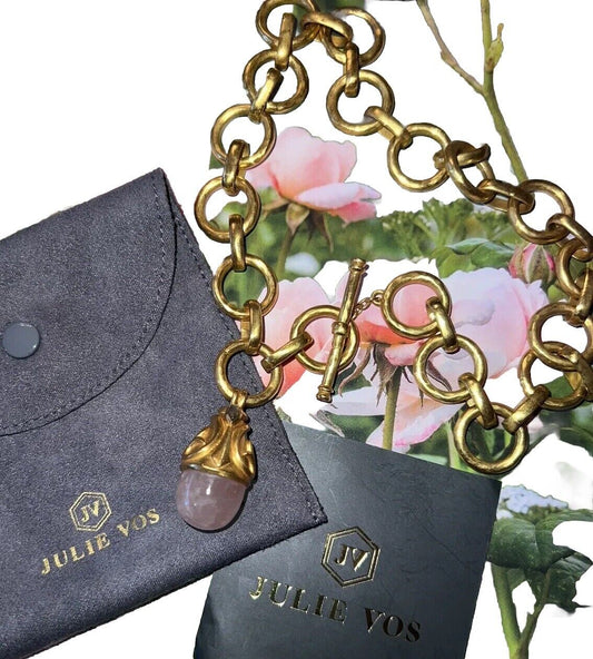 Julie Vos 24k Gold Plate & Pink Rose Quartz Toggle Link Necklace ADJUSTABLE WOW