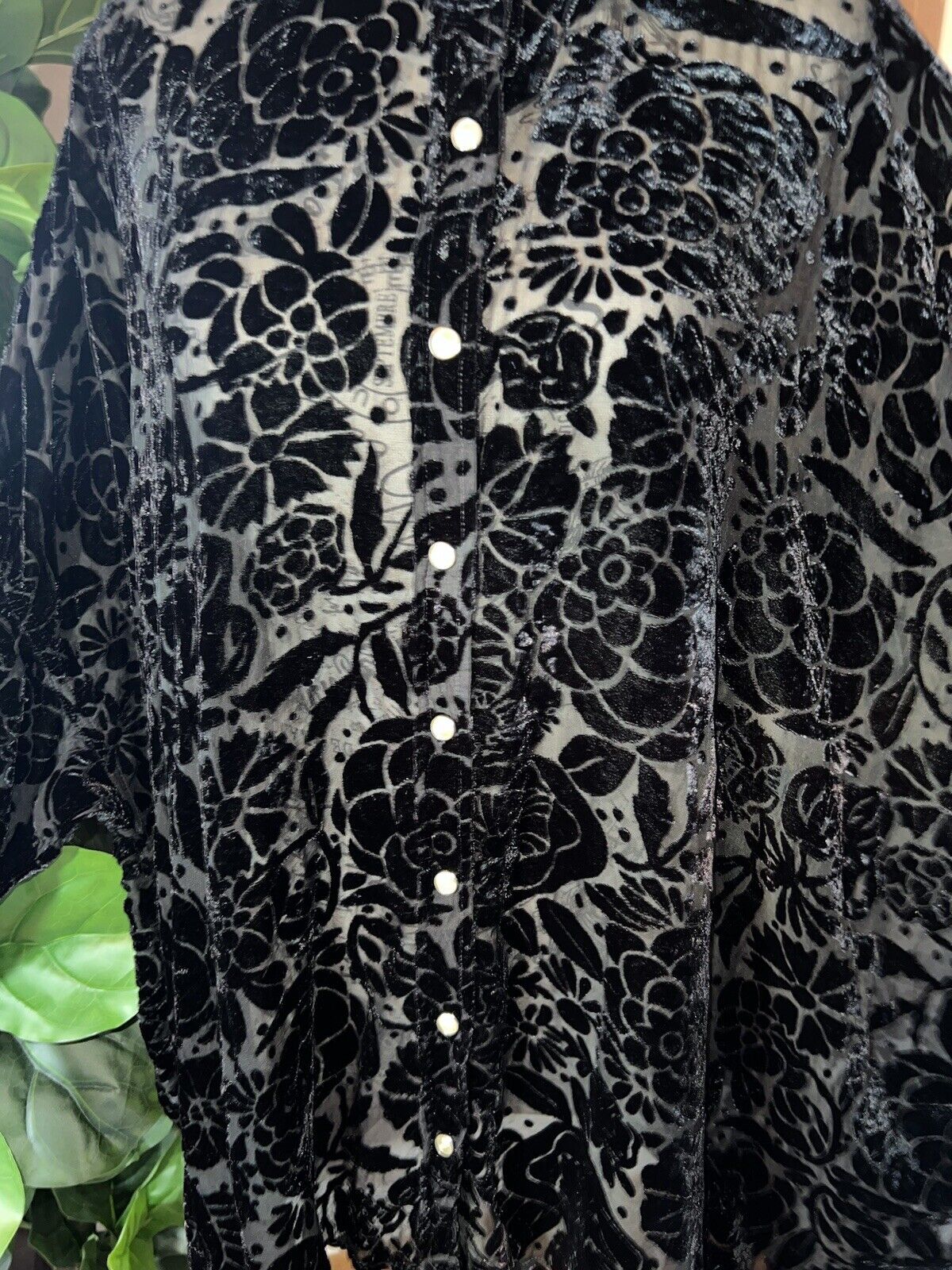 Johnny Was Black Burnout Silk & Velvet Button Up Tunic Top XL Extra Large CLASSY